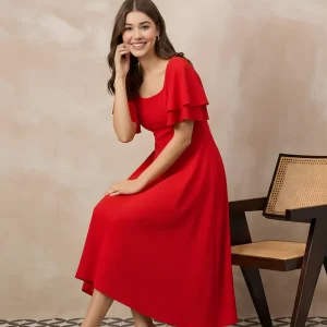 Red Elegant Flare Midi Dress for Women – Party & Date Wear