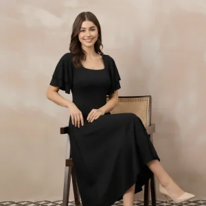 Stretchable Ruffled Sleeve Fit & Flare Dress